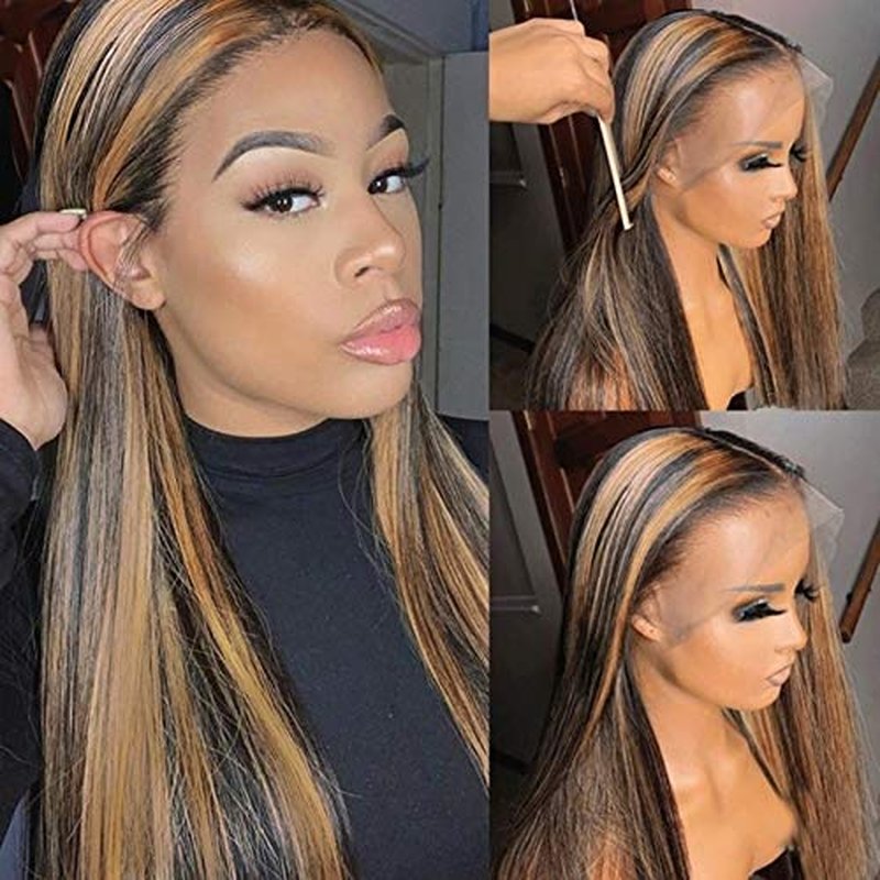 Silky Straight Ombre Honey Blonde Lace Front Wig 22" Highlights Human Hair for Women Pre Plucked Ombre 13x4 Lace Front HD Transparent Wig Black Mixed Brown Hair with Roots Can be Curled 150% Density