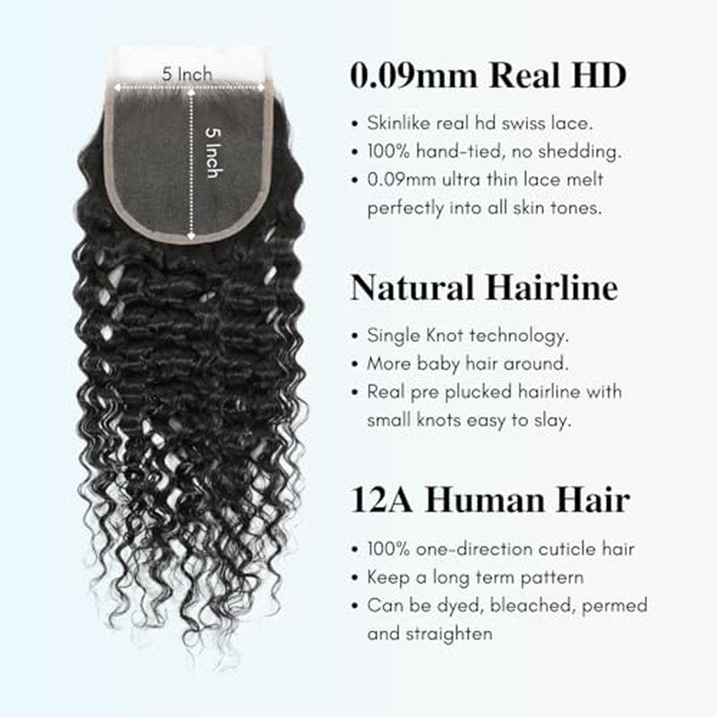 12A 5x5 Skinlike Real HD Lace Closure Only Water Wave Human Hair, 0.09mm Ultra-thin Invisible Curly Swiss HD Lace Closure Wet n Wavy Single Knot Pre Plucked Brazilian Virgin Natural Black 20Inch
