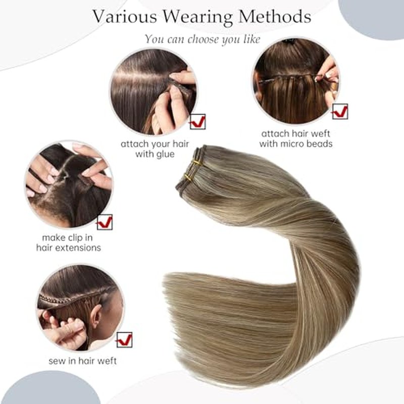 Sew in Hair Extensions Real Human Hair 24 Inch Weft Extensions Real Remy Hair Ash Brown Balayage Platinum Blonde Highlights Weft Full Head Straight Hair Weaves 120G Hair Weft Bundles Straight Hair