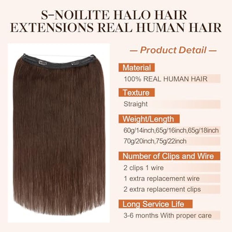 Halo Hair Extensions Real Human Hair,S-noilite Halo Hair Extensions,Halo Hair Extension for Women,100% Human Hair Halo Extensions,Halo Hair 65g/18inch 02 Dark Brown