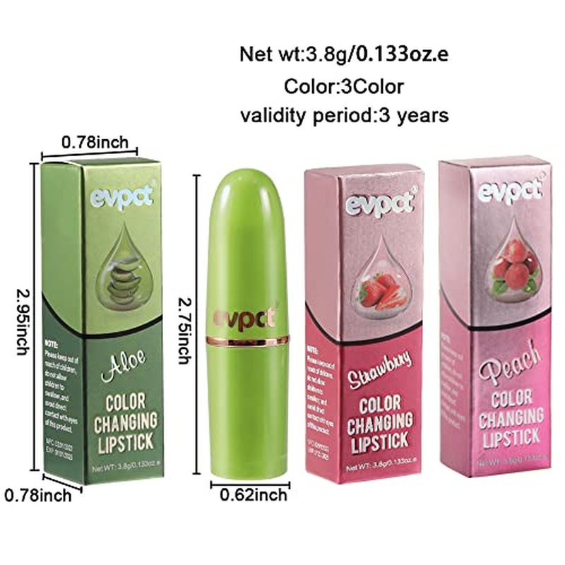 evpct 3Pcs Magic Color Changing Lipstick Long Lasting Waterproof 24 Hours Original for Women, Aloe Vera Strawberry Peach Pink PH Mood Permanent Color Changing Lipstick Lip Balm Gloss, labial magico