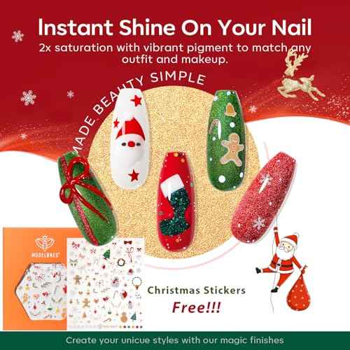 Modelones Christmas Gel Nail Polish Set, 6 Colors 2025 Winter White Red Dark Green 9D Cat Eye Gel Polish Gold Stars Ornament Glitter Nail Polish with Stickers & Magnet & Wooden Stick LED Mani DIY Gift