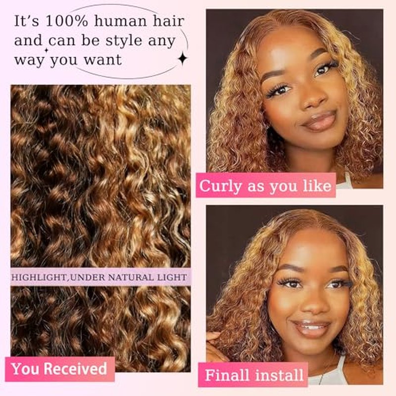 Highlight Ombre 13x6 Bob Wig Human Hair Deep Curly Frontal Lace Wig Human Hair HD Transparent Lace Front Wigs Pre Plucked Lace Frontal Wigs 16 Inch