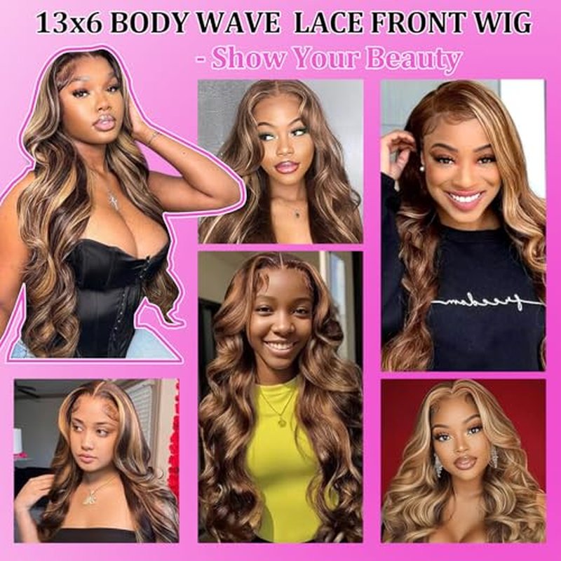 Highlight Wig Human Hair 13x6 Body Wave Lace Front Wigs Human Hair Ombre Wear and Go Glueless Pre Cut Full Frontal Lace Wig for Women 180 Density Virgin Hair Wigs 4/27 Colored 20 inch