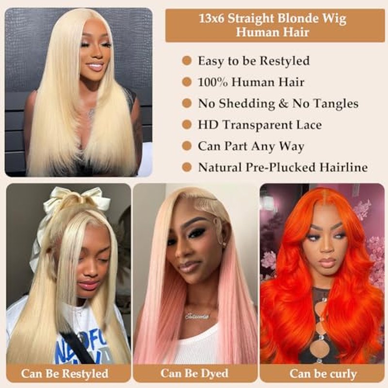 613 13x6 Lace Front Wig Human Hair 26 Inch Blonde Wig Human Hair 180 Density Blonde Lace Front Wig Human Hair Pre Plucked Straight HD Lace Frontal Wigs for Women