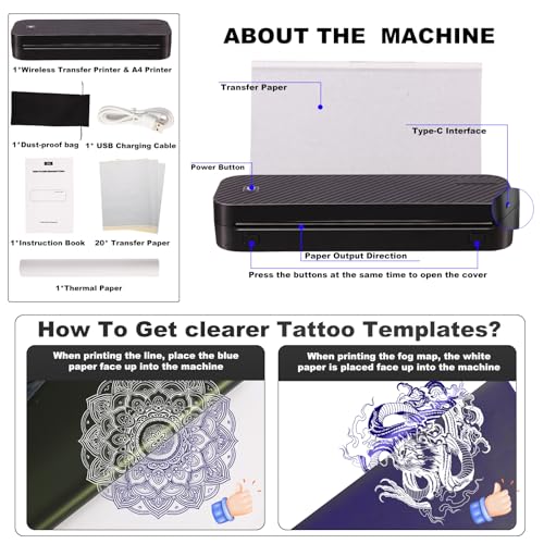 Wireless Tattoo Transfer Stencil Printer Machine 2600mAh Thermal Printer with 10pcs Transfer Paper and Thermal Paper Compatible Android and iOS PC Tattoo Kit for Artists & Beginners