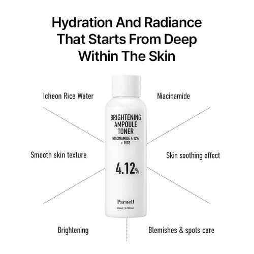 Parnell Niacinamide 4.12% | 200ml / 6.76 fl.oz. | Rice Ampoule, Milky Toner for Skin, Hydrating for Dry Dull Skin, Korean Skin Care