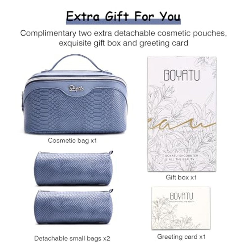 BOYATU Travel Makeup Bags for Women: 3 Pcs Set Wide Open Cosmetic Bag - Portable Make up Bags with Handle - Vegan Leather Toiletry Organizer Bag with Divider (G-05-Blue)