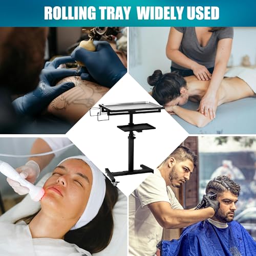 POARMEEY Stainless Steel Tattoo Tray with Wheels Trolley Adjustable Height Tattoo Workstation Rolling Tray for Studio Salon & Spa