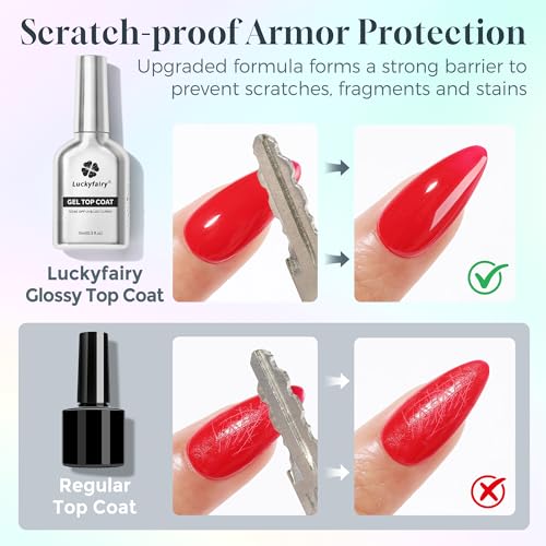 Gel Base and Top Coat Set: 15ml Rubber Base Coat, No Wipe Glassy Top Coat Gel Nail Polish, Acid-free Soak Off Combination for Nail Strengthener, Long Lasting Manicure DIY at Home Lamp Cure