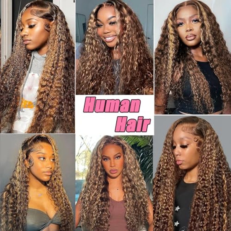 Highlight Ombre Lace Front Wig Human Hair Pre Plucked 13x6 HD Honey Blonde 4/27 Deep Wave Lace Frontal Wigs 200% Density Glueless Colored Wigs for Women Wet and Wavy Lace Front 20 Inch