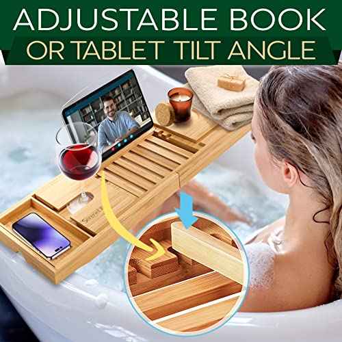SereneLife Luxury Bamboo Bathtub Caddy Tray - Adjustable Natural Wood Bath Tub Organizer with Wine Holder, Cup Placement, Soap Dish, Book Space & Phone Slot for Spa, Bathroom & Shower - SLBCAD20