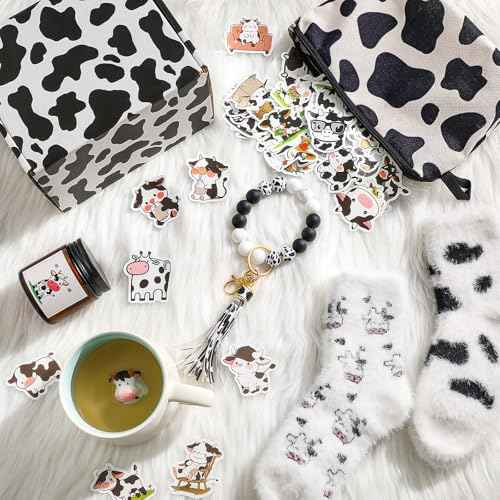 Honeydak Cow Gifts Set for Women Cow Printed Accessories Includes Makeup Bag Gift Box Cute Socks Keychain Mug Scented Candle Stickers for Christmas and Birthday Party Gifts