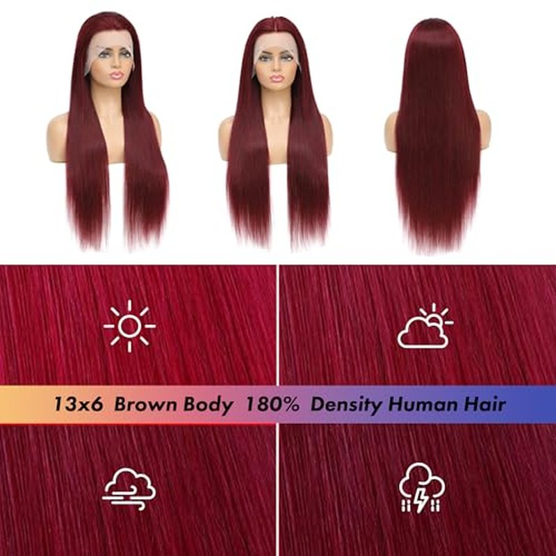 99j Burgundy 28 Inch Straight Wig Human Hair 13x6 Hd Lace Front Human Hair Wigs For Black Women Glueless Lace Front Wigs Pre Plucked 180% Density Red Wig