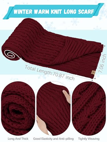 Winter Hat Scarf Gloves Set,Fleece Lined Pom Pom Beanie Hat Warm Knit Long Scarf Touchscreen Gloves Winter Gifts for Women Burgundy