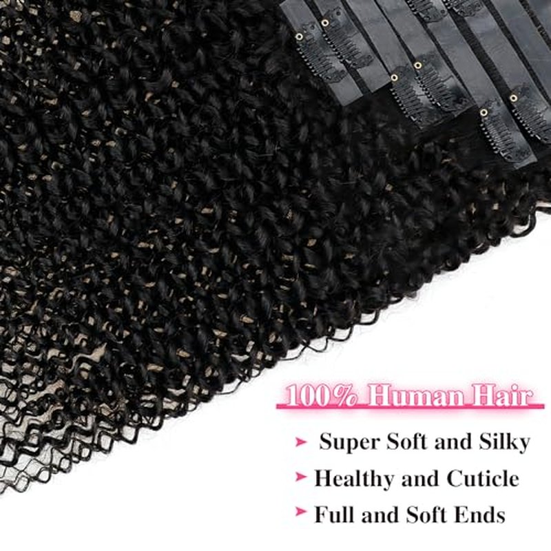 Seamless Clip In Hair Extensions Real Human Hair Invisible PU Kinky Curly Clip Ins Human Hair Extensions 8pcs with 18Clips Per Set 120g(26inch,Natural Black)