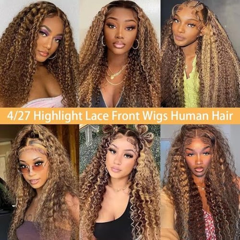 Ombre Highlight Deep Wave Lace Front Wigs Human Hair 4/27 Colored Pre Plucked 13x6 HD Transparent Lace Frontal Wigs Honey Blonde Curly Wig for Women 180% Density Glueless Wig with Baby Hair 26 Inch