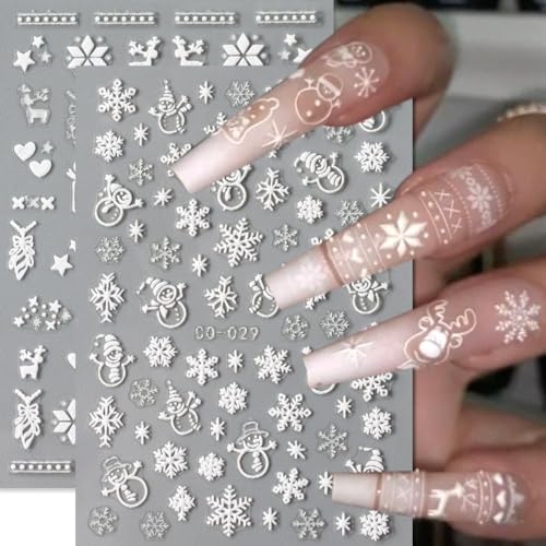 12 Sheets Christmas Nail Stickers Decals White Snowflake Nail Art Decals Snowman Reindeer Nail Art Stickers 3D Self Adhesive Nail Supplies Charm for Women Christmas Nails Decoration