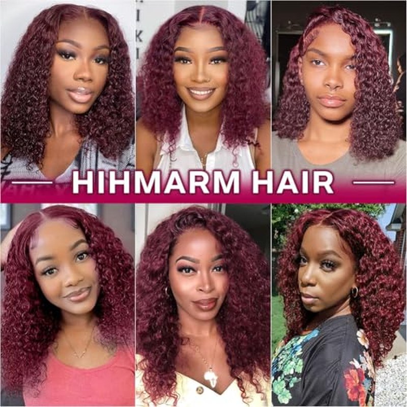 Hihmarm 99j Burgundy Deep Wave Lace Front Wigs Human Hair 13x4 HD Lace Frontal Wigs For Black Women Burgundy Lace Front Wigs Human Hair Pre Plucked 180% Density Red Curly Glueless Wig 16 Inch