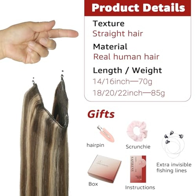 Wire Hair Extensions Real Human Hair, Invisible Wire Hair Extensions Fish Line Long Curly Hair Extensions for Women Adjustable Headband 20inch 85g Dark Brown to Dirty Blonde(#2/6/18-20inch)