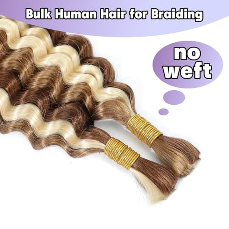 P27/30/613 Human Braiding Hair for Boho Braids Highlight Brown Blonde Deep Wave Bulk Human Hair for Braiding Crochet Curly Braiding Human Hair Knotless Bohemian Braids100g (2 of 50g) 20 Inch