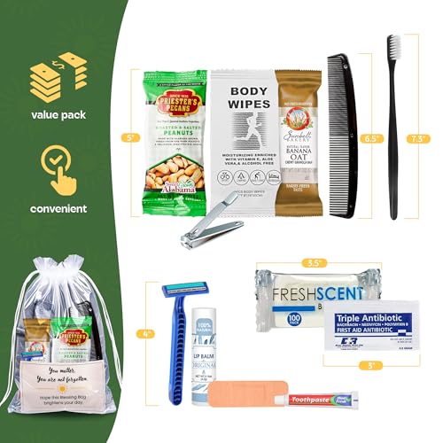 Homeless Care Package (5 Count) ? Complete Hygiene Kits for Homeless Includes Food, Socks, First Aid and Personal Care Items ? Ideal Homeless Blessing Bag for Outreach and Charity