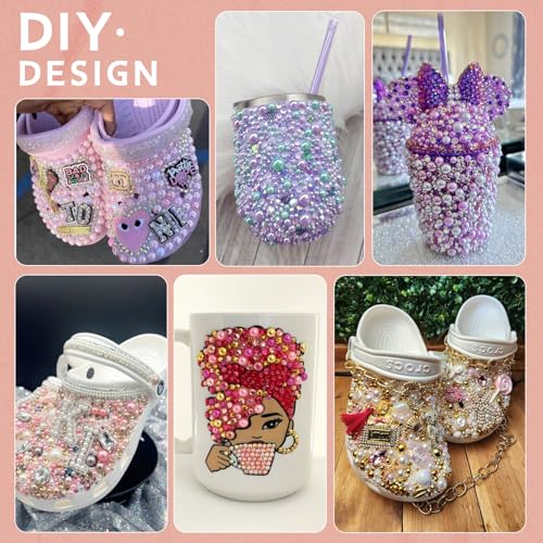 9000PCS Flatback Pearls and Pink Rhinestones for Bedazzling Kit, Pink White 3-10mm Resin Rhinestones Gems and Half Pearls for Crafting, Nail Art and Grad Cap Decor with B7000 Jewelry Glue