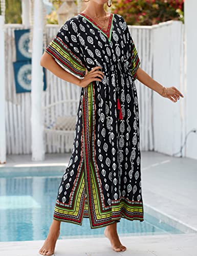 Bsubseach Kaftan Dresses for Women Plus Size Swimsuit Cover Up Long Caftan Dress with Waist Drawstring Black Green