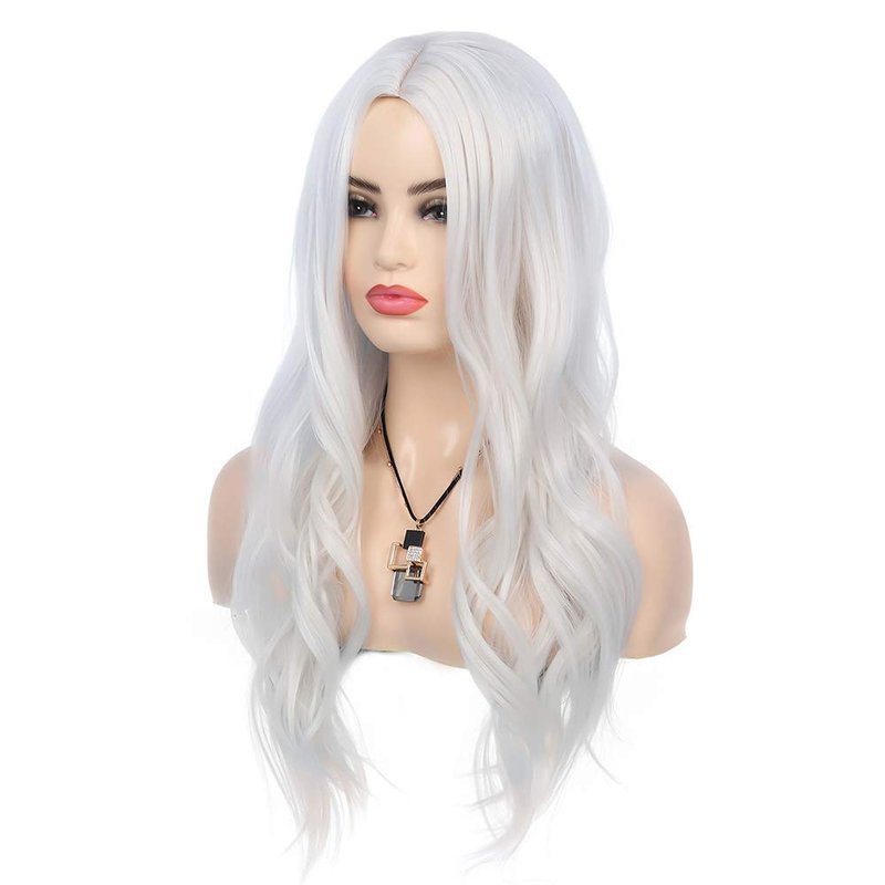 RicHyun Long Curly Wavy White Wig Middle Part Cosplay Wig Synthetic Heat Resistant Costume Halloween Wigs for Women Girls