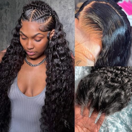 22 Inch Deep Wave Lace Front Wigs Human Hair 200% Density 13x6 HD Lace Frontal Wigs Human Hair Pre Plucked Deep Curly Glueless Wig for Women Natural Color