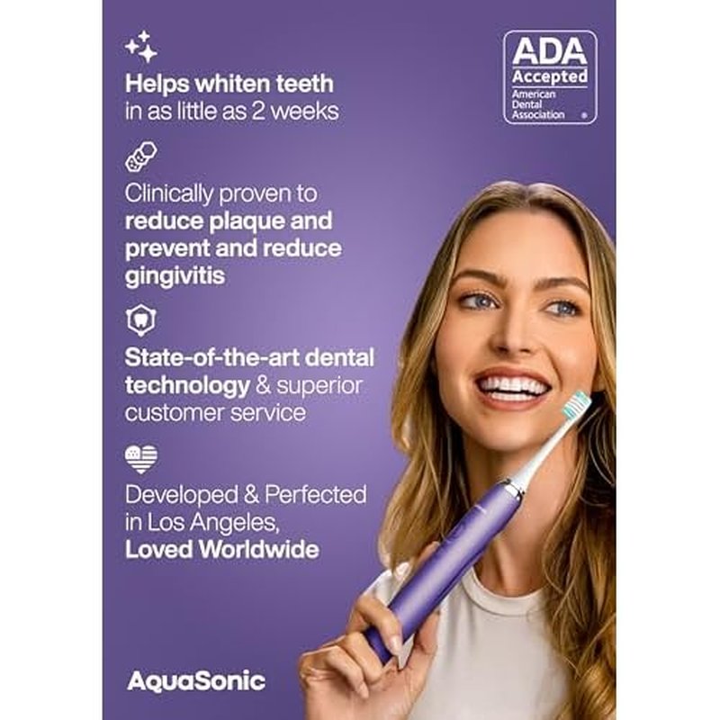 Aquasonic Vibe Series Ultra-Whitening Toothbrush ? ADA Accepted Electric Toothbrush - 8 Brush Heads & Travel Case ? 40,000 VPM Motor & Wireless Charging - 4 Modes w Smart Timer ? Satin Violet