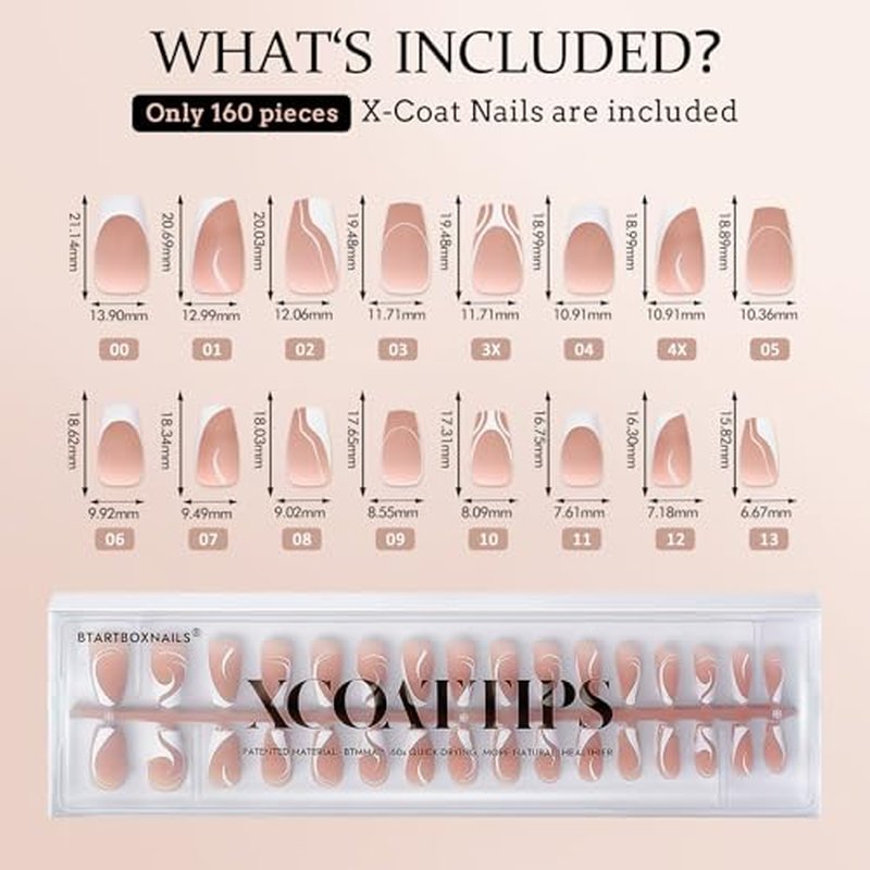 BTArtbox French Tip Press on Nails - 5 Styles XCOATTIPS Short Coffin Nails, Pre-Designed Swirl Soft Gel Nail Tips, Ultra Fit False Nails, Soak Off Acrylic Fake Nails Extensions for Nail Art