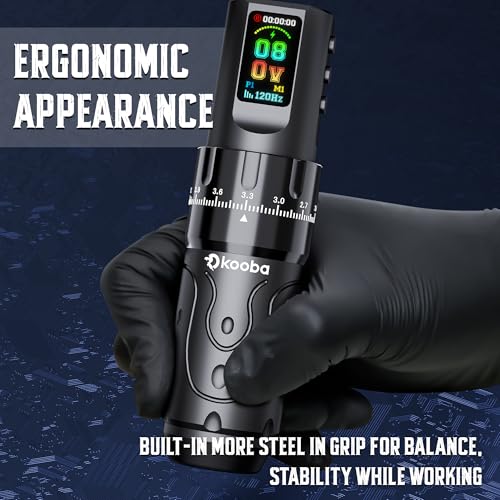 Tattoo Gun Kit with Kooba Wireless Tattoo Machine/Pen 1800mAh Battery Normal/Stippling Mode RCA Convert Adapter 3 Speed Memory Function 7 Strokes Length 20 Cartridges Needles for Artists & Beginners