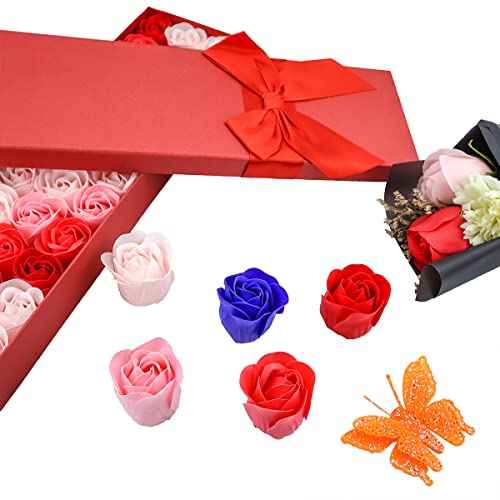 JIALEEY 33 PCS Floral Scented Bath Soap Rose Flower Petals, Plant Essential Oil Rose Soap Set Gifts Ideas for Her Women Girls Mom Valentine's Day, Red Gift Box