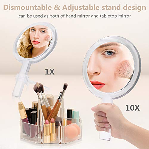 1X & 10X Magnifying Double Side Hand Makeup Mirror with Stand, Handheld Vanity Mirror, Clear