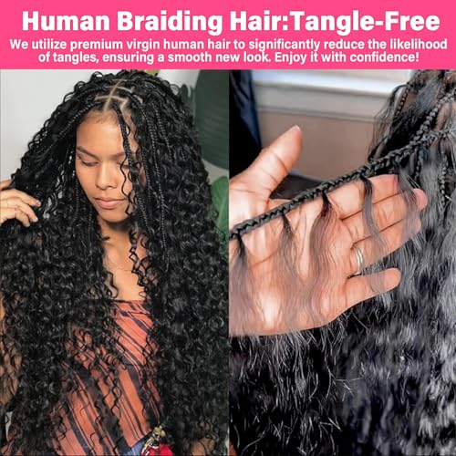 Human Braiding Hair for Boho Braids, 100 Percent Wet and Wavy Human Hair for Boho Knotless 12A Deep Wave Boho Human Braiding Hair Curly Hair Extensions 100g 2 Bundles Natural Color