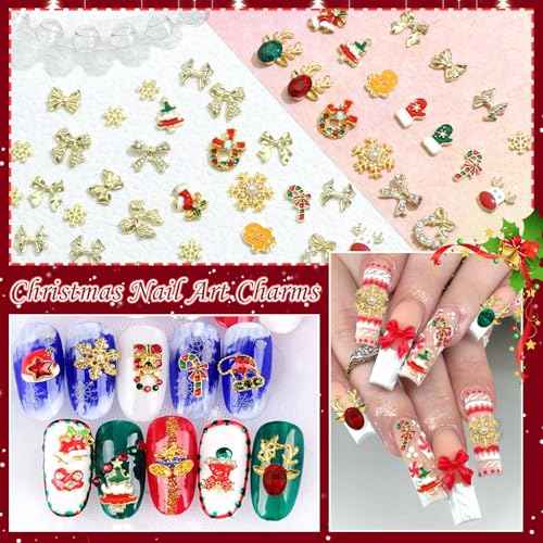 BELICEY 52Pcs Christmas Nail Charms - Gold 3D Bow Snowflake Elk Charms with Gems Rhinestones Accessories Metal Nail Art Supplies Winter Holiday Decorations