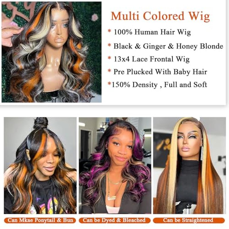 Black Ginger Blonde Highlight Wig Human Hair 13x4 Transparent Lace Front Skunk Stripe Wig Body Wave Glueless Pre Plucked Bleached Knots Lace Frontal Wig Black Honey Blonde Ginger Highlight Wig 20 Inch
