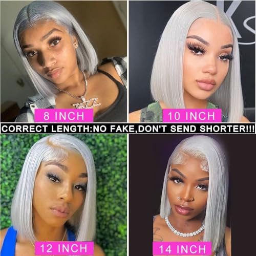 16 Inch Grey Bob Lace Front Wigs Human Hair 13x4 HD Straight Grey Bob Lace Front Wig Human Hair Wear and Go Glueless Wig Pre Plucked with Babyhair Colored Bob HD Lace Frontal Wigs For Black Women