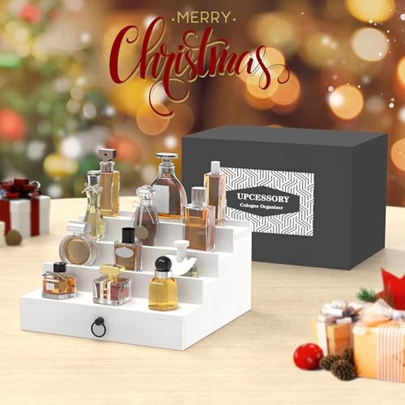 Cologne Organizer for Men, 4 Tier White Wood Perfume Organizer with Felt Lining Drawer and Hidden Compartment, Perfume Display Holder, A Gift for Men