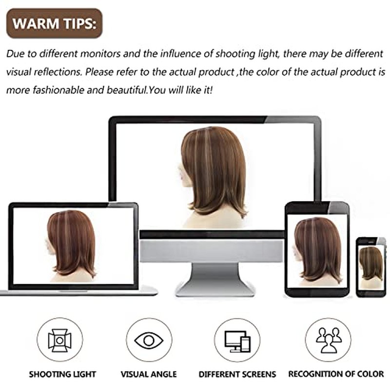 SEVENCOLORS Short Brown Mixed Blonde Bob Wigs for White Women Shoulder Length Synthetic Hair Wigs with Side Bangs Straight Blonde Highlights Women¡¯s Wig