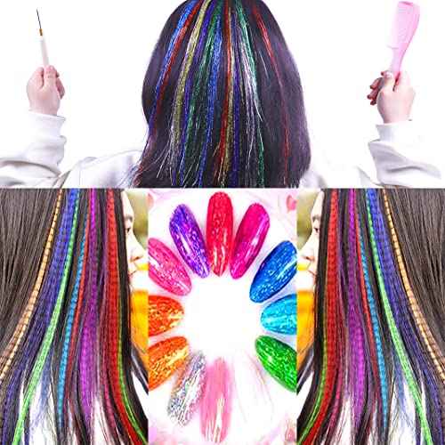 13 Colors Hair Tinsel with Tools Kit 43 Inch 2600 Strands Tinsel Hair Extensions Sparkling Shiny Hair Pieces for Christmas Cosplay Party Halloween with 13Pcs Synthetic Feather