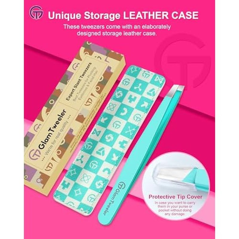 Expert Eyebrow Hair Removal Tweezer with Leather Case, GlamTweeler High Precision Slant Tip Stainless Steel Tweezers for Men and Women (Robin's Egg Blue)