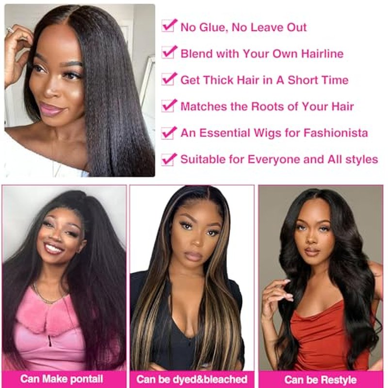 U Part Wigs Human Hair Yaki Straight Glueless Wig Human Hair 200% Density Yaki Straight U Shape Wig Upgrade None Lace No Sew In U Part Wigs With Drawstring Beginner Friendly,Natural Color(18 Inch)