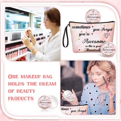 Xuniea 24 Pcs Inspirational Gifts for Women Bulk 12 Motivation Canvas Makeup Bags 12 Round Portable Pocket Mirror for Team Employee Coworker Housekeeping Appreciation Thank You Gifts(Awesome)