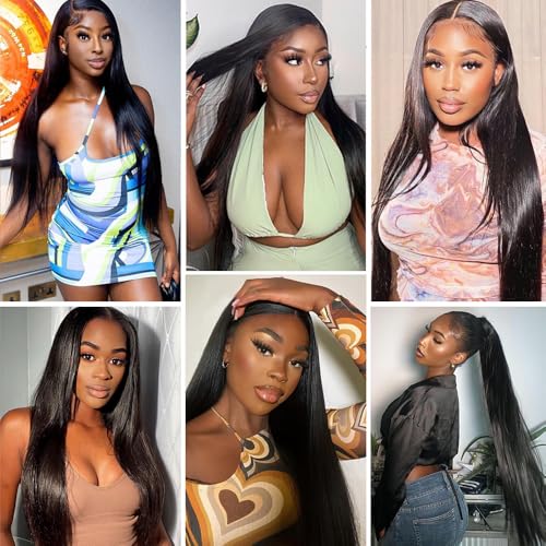Human Hair Bundles with Closure Straight Bundles 20 22 24+18 Inch 10A HD Lace Closure Human Hair 100% Brazilian Virgin Hair Extensions 3 Bundles Deals Hair Quick Weave Bundle for Women