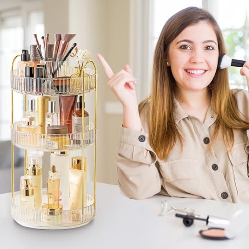Aveniee 360¡Æ Rotating Makeup Organizer for Vanity, Perfume Skincare Bathroom Countertop Organizers, 3 Tier Spinning Skincare Storage with Brush Holder for Lipstick Cosmetic Lotion,White