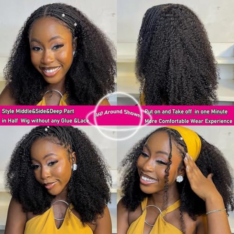 Kinky Curly Half Wig Human Hair 200% Density 3 In 1 Seamless Flip Over Half Wigs Human Hair Glueless Wear and Go Beginner Friendly Kinky Curly Wig Human Hair Drawstring Headband Wig for Women 22 Inch