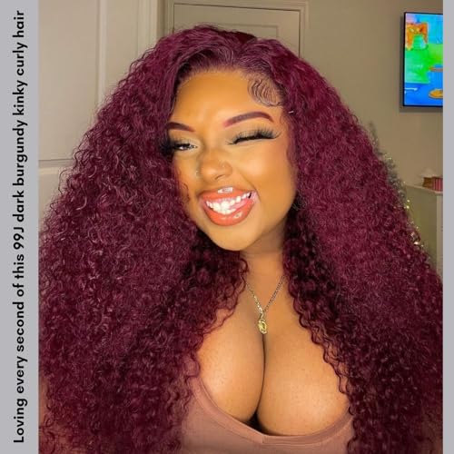 12A #99J Kinky Curly Human Hair Bundles, 100% Unprocessed Remy Human Hair Dark Burgundy Red Wine Colored Tight S-shaped Culry Thick and Soft Bundles Sew in Weave 12/14/16 Inch