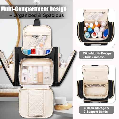 Travel Toiletry Bag for Women, Hanging Toiletry Bag, Bathroom Bag Portable Shower Caddy for College Dorm Travel Shower Bag for Women Water-Resistant Cosmetic Makeup Bag (Black)